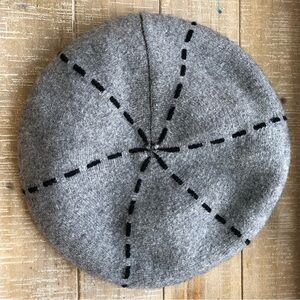Gray Cashmere Beret With Black Stripe Pattern